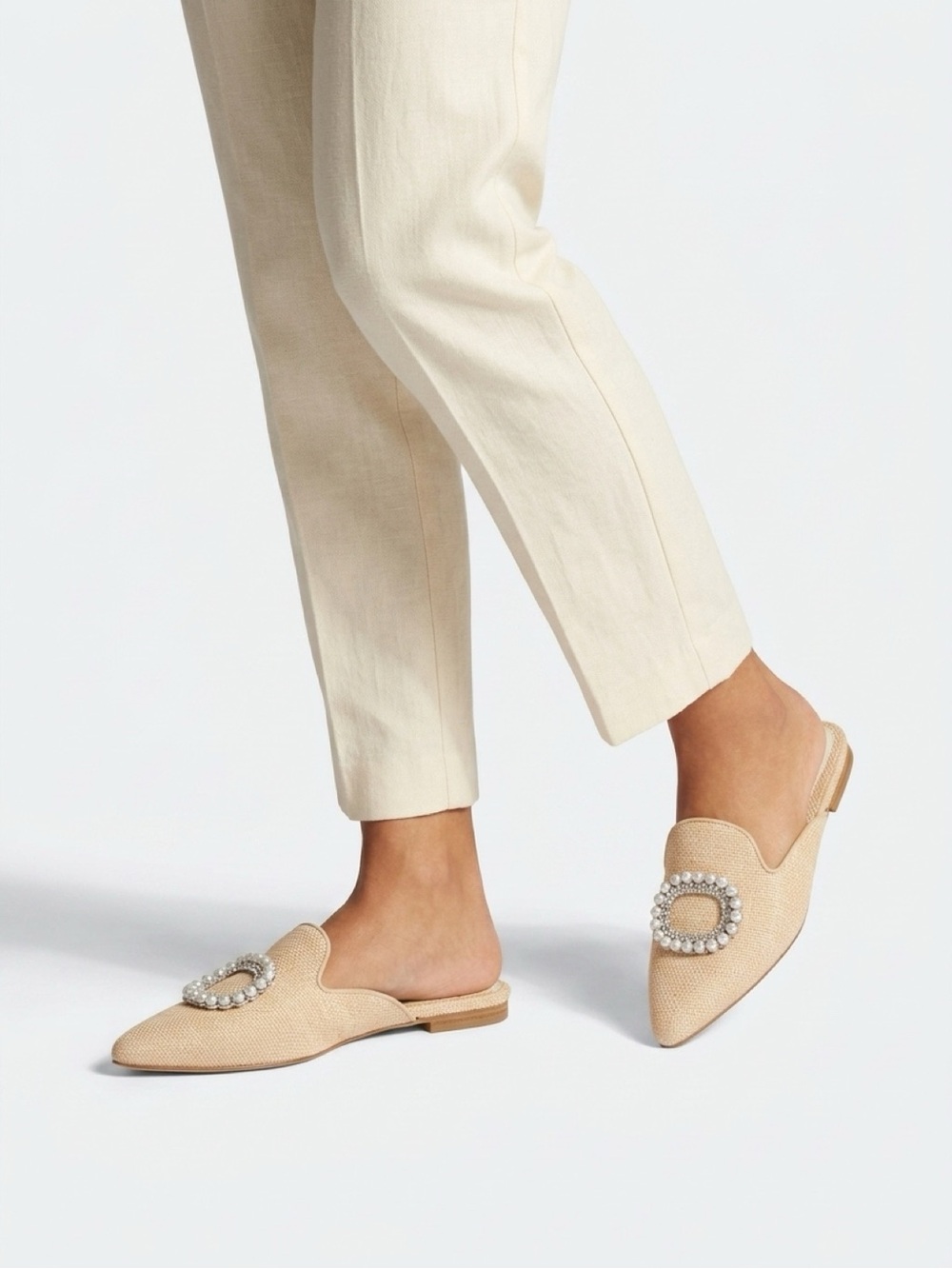 Pearl-Embellished Cream Pointed Backless Mules